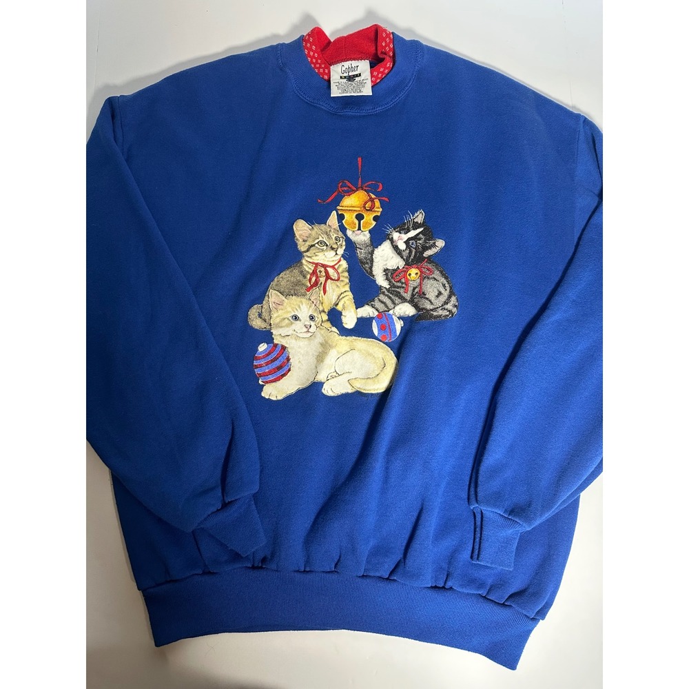 Vintage Gopher Sport Christmas Kittens Sweatshirt XL Blue Double Collar USA Made - Picture 3 of 5